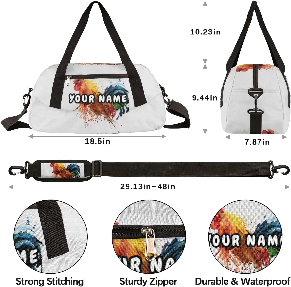 Rooster Farm Animal Personalized Kids Duffel Bag for Girls Boys, Rooster Debris Custom Name Dance Bag Overnight Small Duffel Bag Carry On Sports Travel Bag for School Practice Gymnastics Ballet