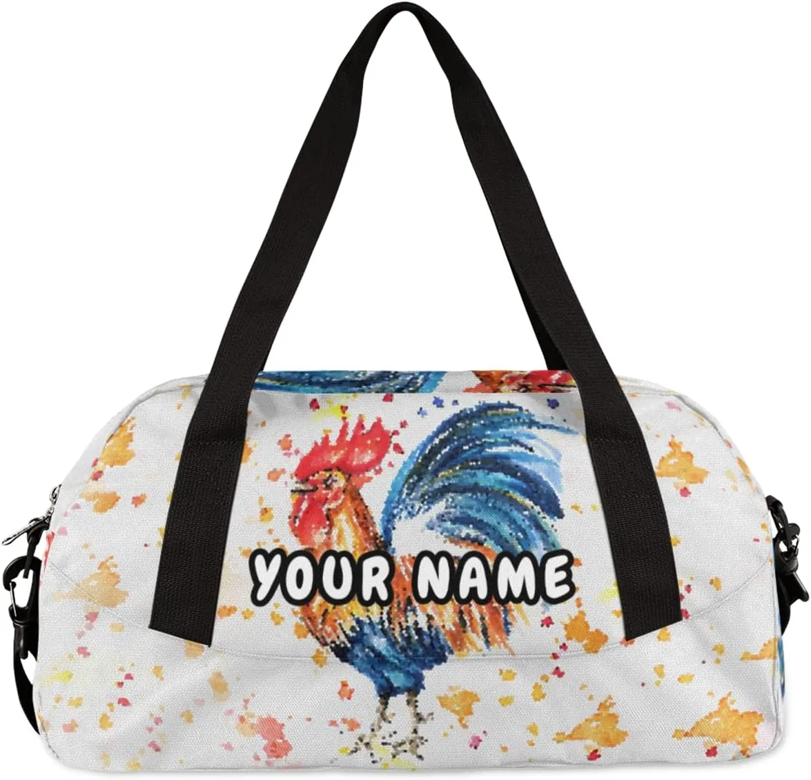 Rooster Personalized Kids Duffel Bag for Girls Boys, Rooster Debris Custom Name Dance Bag Overnight Small Duffel Bag Carry On Weekend Sports Travel Bag for School Practice Gymnastics Ballet