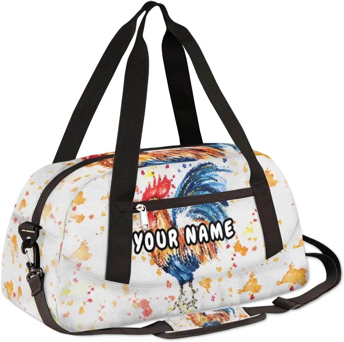 Rooster Personalized Kids Duffel Bag for Girls Boys, Rooster Debris Custom Name Dance Bag Overnight Small Duffel Bag Carry On Weekend Sports Travel Bag for School Practice Gymnastics Ballet