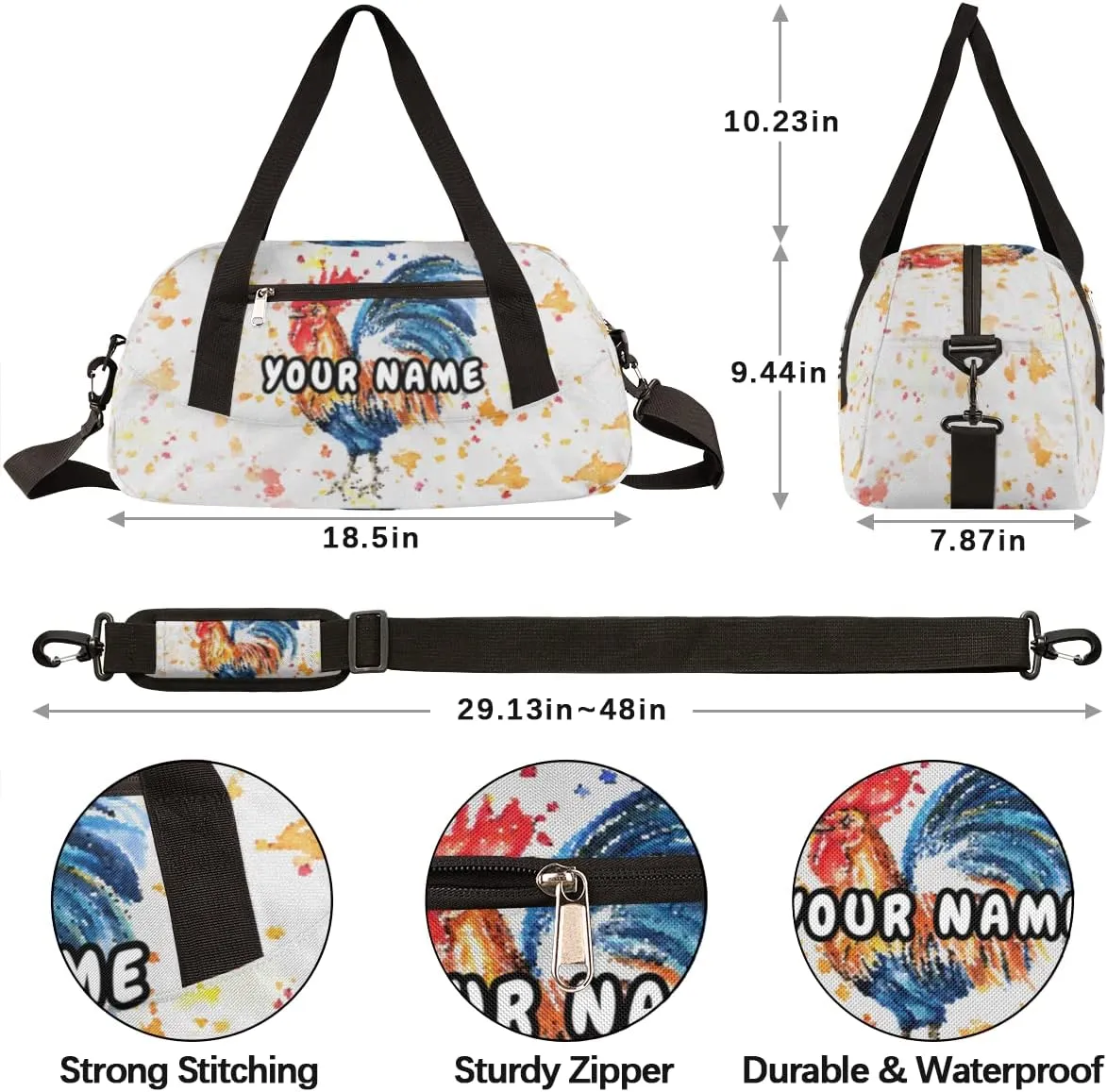 Rooster Personalized Kids Duffel Bag for Girls Boys, Rooster Debris Custom Name Dance Bag Overnight Small Duffel Bag Carry On Weekend Sports Travel Bag for School Practice Gymnastics Ballet