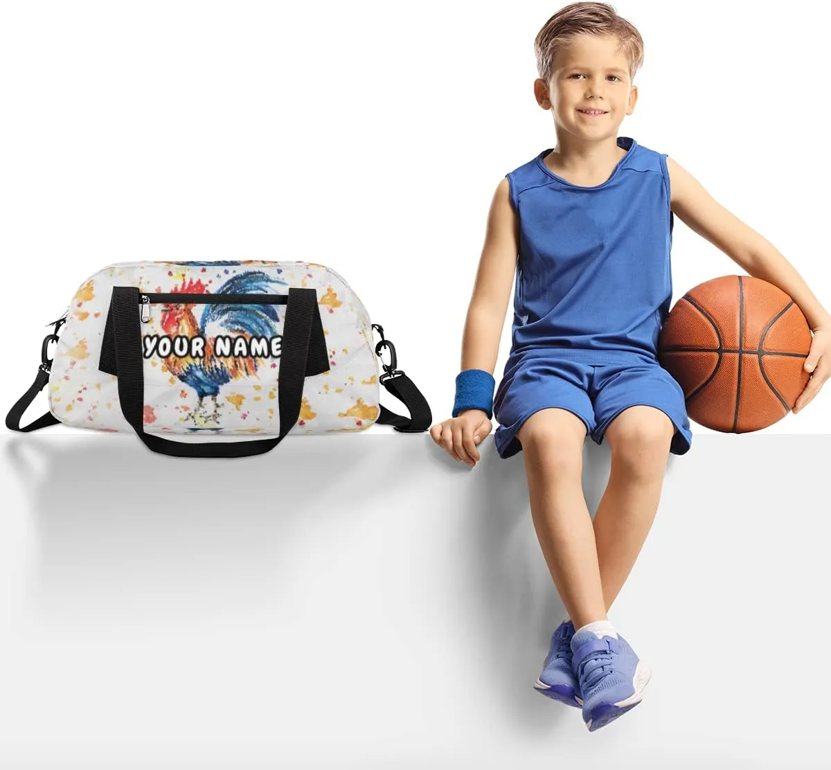Rooster Personalized Kids Duffel Bag for Girls Boys, Rooster Debris Custom Name Dance Bag Overnight Small Duffel Bag Carry On Weekend Sports Travel Bag for School Practice Gymnastics Ballet