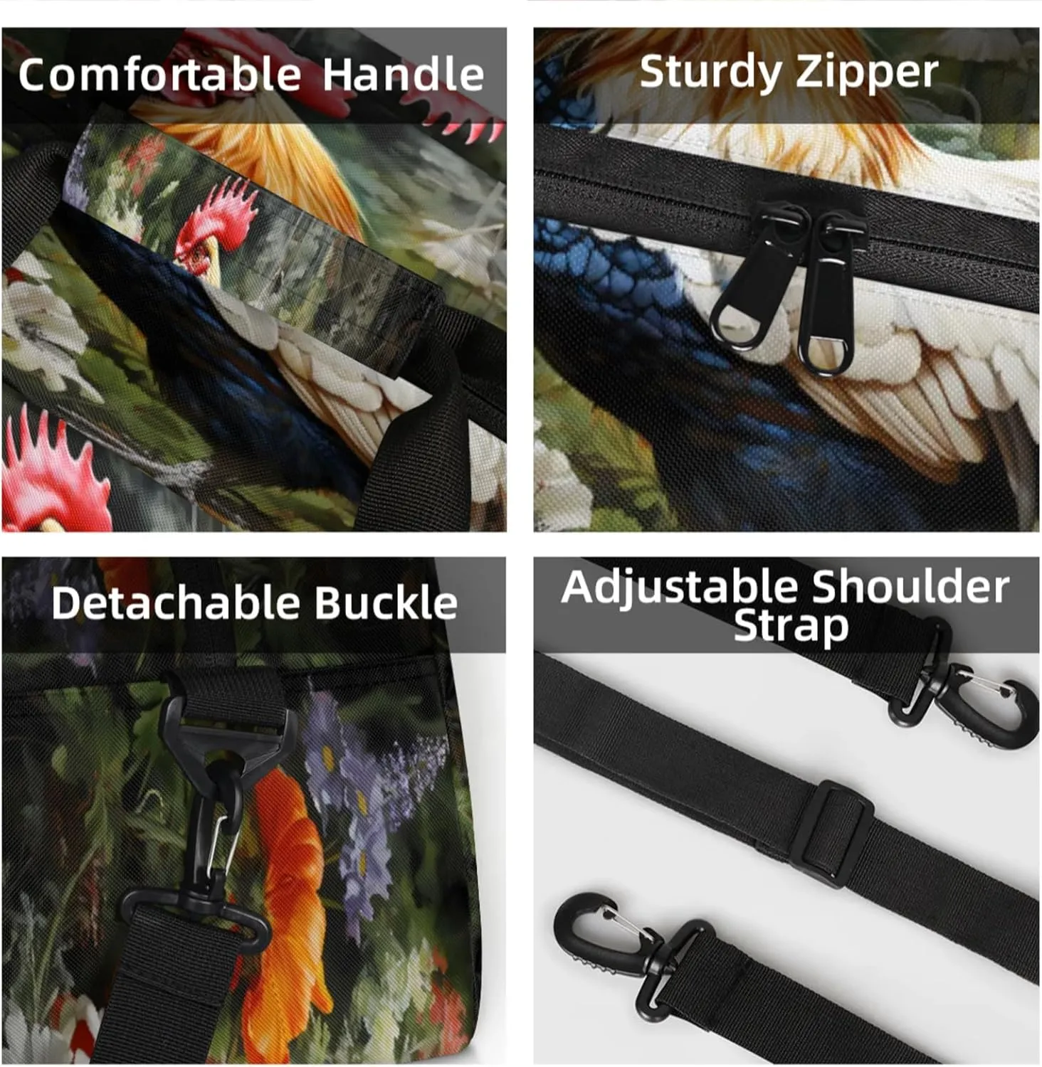 Rooster Spring Flowers Small Gym Bag 18 inch Carry On Duffel Bag for Weekender Travel Sports Workout Yoga Gymnastics Dance Ballet