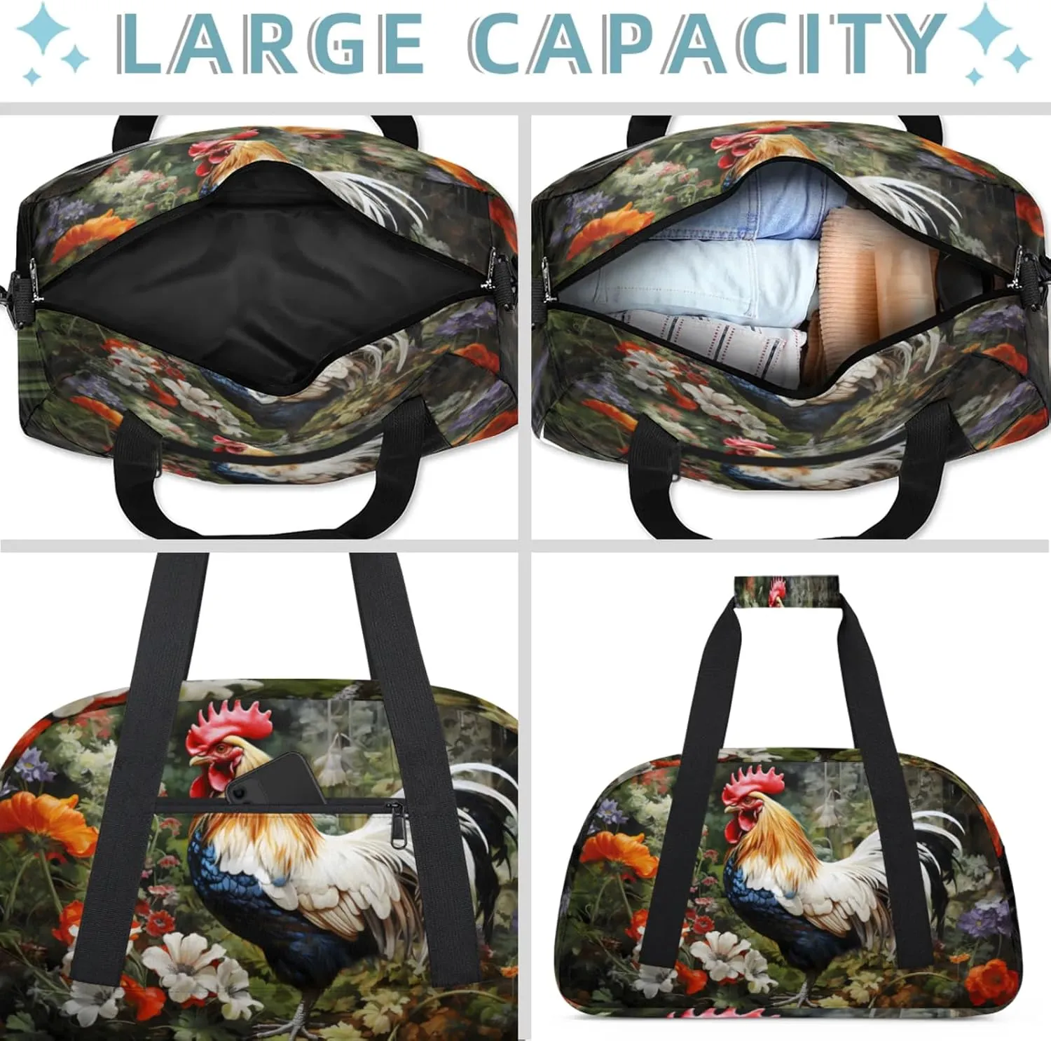 Rooster Spring Flowers Small Gym Bag 18 inch Carry On Duffel Bag for Weekender Travel Sports Workout Yoga Gymnastics Dance Ballet