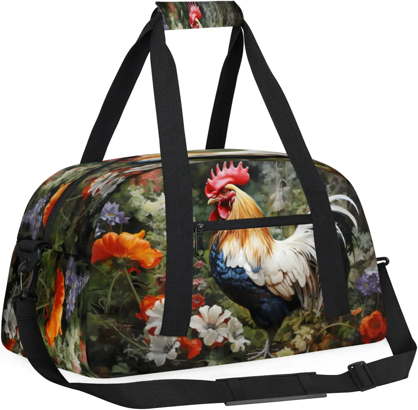 Rooster Spring Flowers Small Gym Bag 18 inch Carry On Duffel Bag for Weekender Travel Sports Workout Yoga Gymnastics Dance Ballet