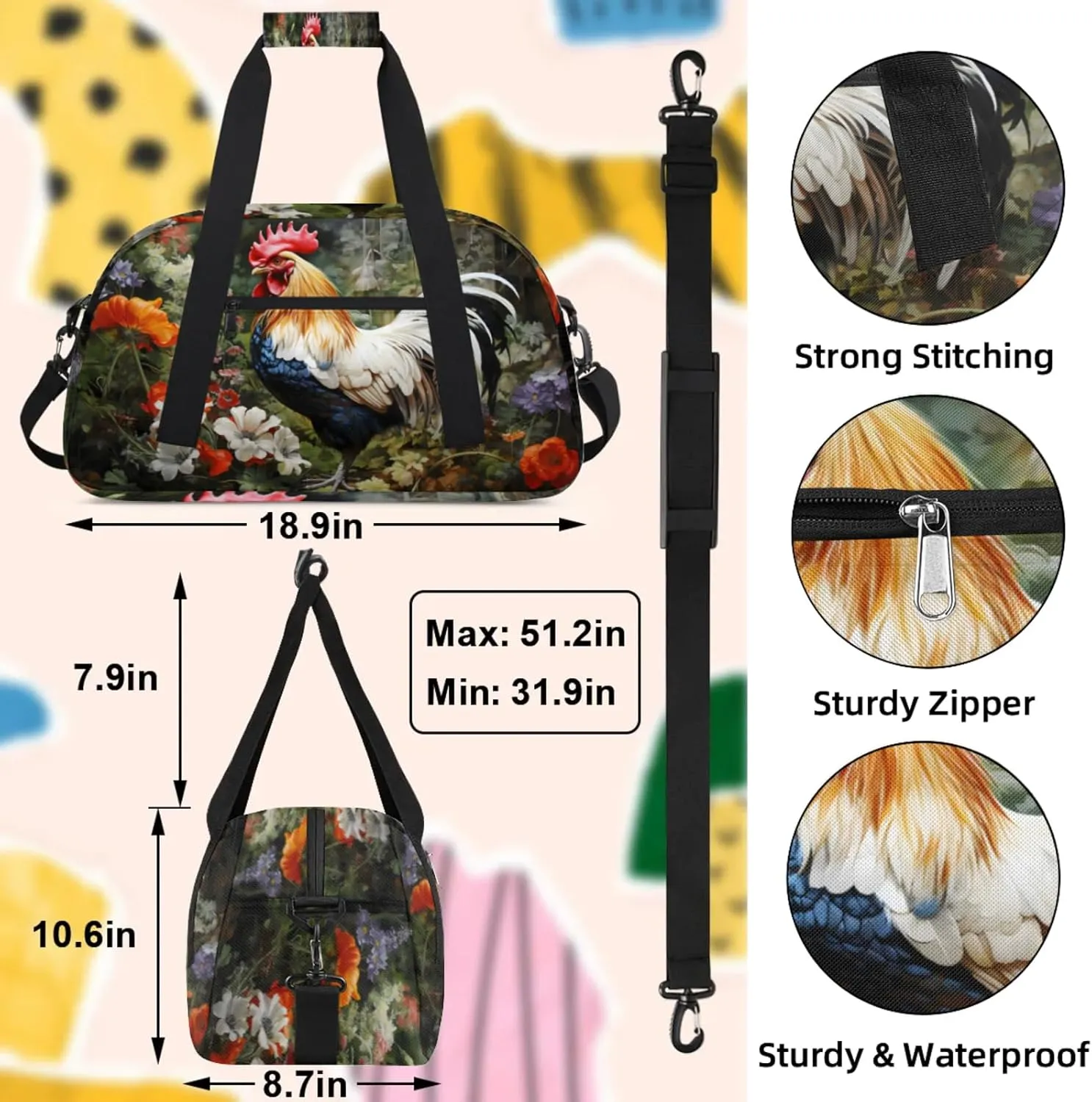 Rooster Spring Flowers Small Gym Bag 18 inch Carry On Duffel Bag for Weekender Travel Sports Workout Yoga Gymnastics Dance Ballet