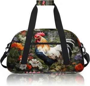 Rooster Spring Flowers Small Gym Bag 18 inch Carry On Duffel Bag for Weekender Travel Sports Workout Yoga Gymnastics Dance Ballet