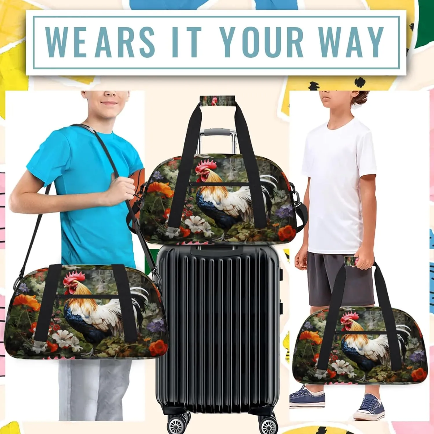 Rooster Spring Flowers Small Gym Bag 18 inch Carry On Duffel Bag for Weekender Travel Sports Workout Yoga Gymnastics Dance Ballet