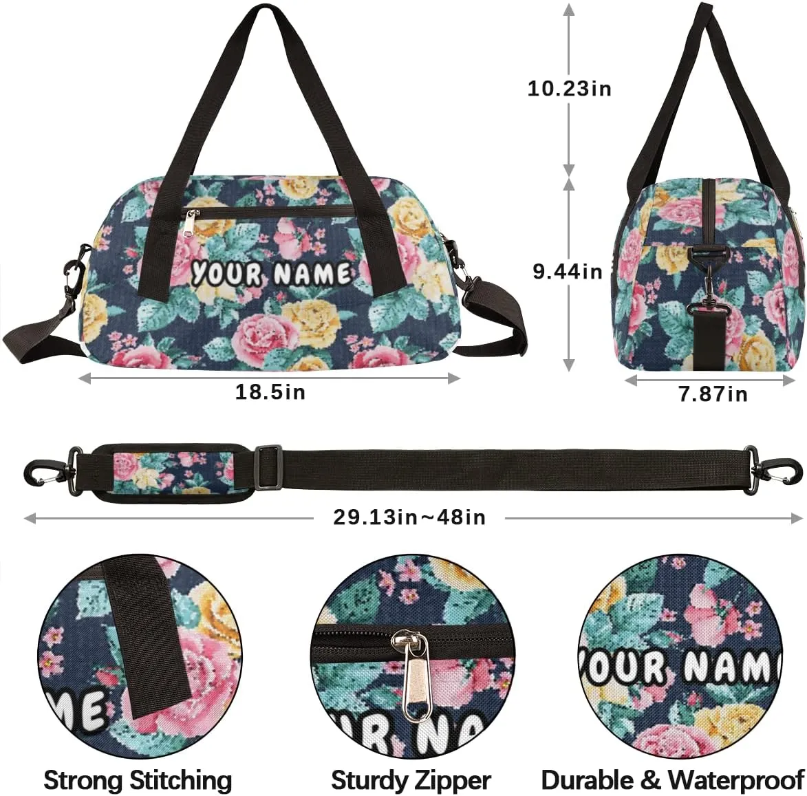 Rose Flower Pattern Personalized Kids Duffel Bag for Girls Boys, Rose Debris Custom Name Dance Bag Overnight Small Duffel Bag Carry On Weekend Sports Travel Bag for School Practice Gymnastics Ballet