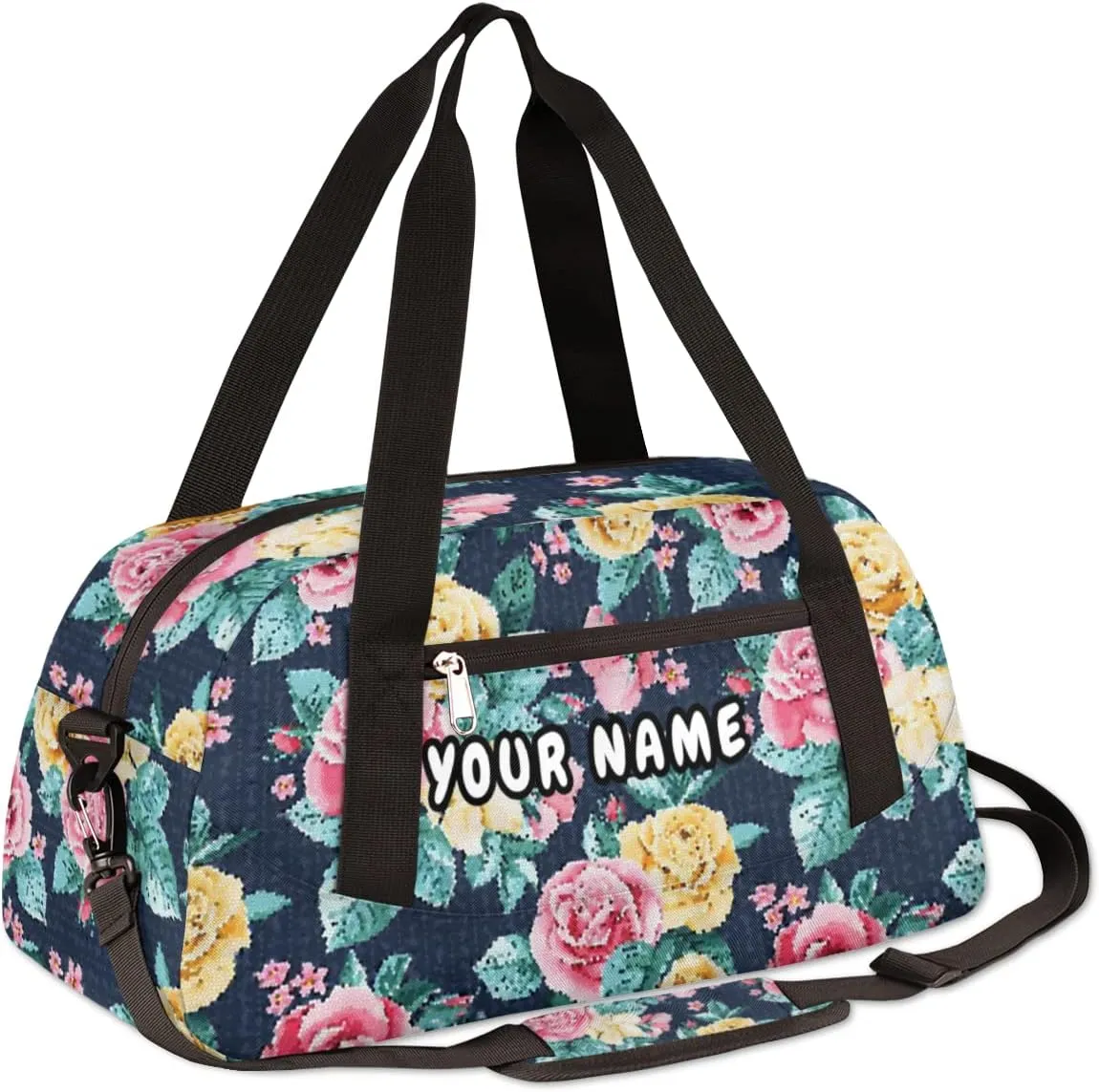 Rose Flower Pattern Personalized Kids Duffel Bag for Girls Boys, Rose Debris Custom Name Dance Bag Overnight Small Duffel Bag Carry On Weekend Sports Travel Bag for School Practice Gymnastics Ballet