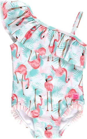RuffleButts Vibrant Flamingo One Shoulder Ruffle One Piece - 6-12m