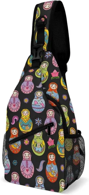 Russian Matryoshka Sling Backpack, Crossbody Shoulder Bag, Chest Bags for Outdoor Travel Fitness