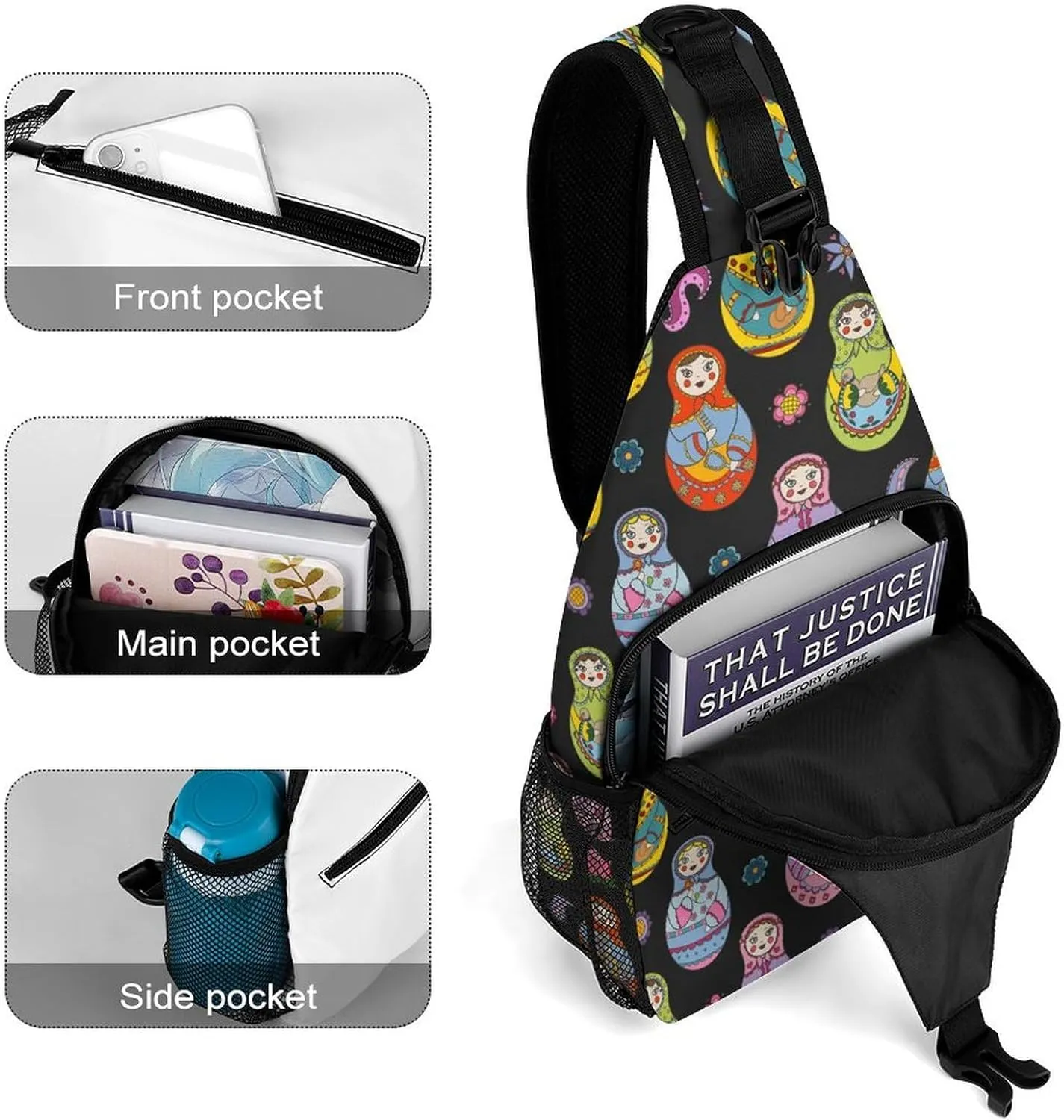 Russian Matryoshka Sling Backpack, Crossbody Shoulder Bag, Chest Bags for Outdoor Travel Fitness