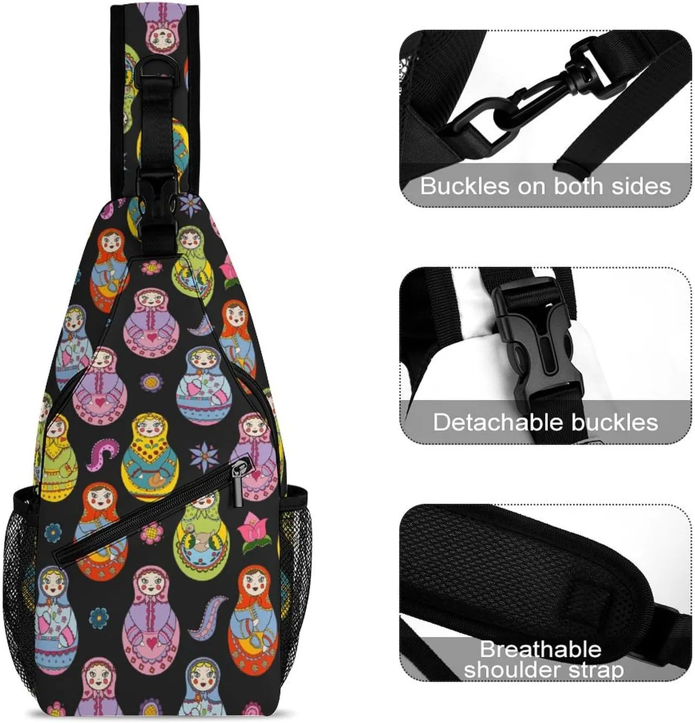 Russian Matryoshka Sling Backpack, Crossbody Shoulder Bag, Chest Bags for Outdoor Travel Fitness