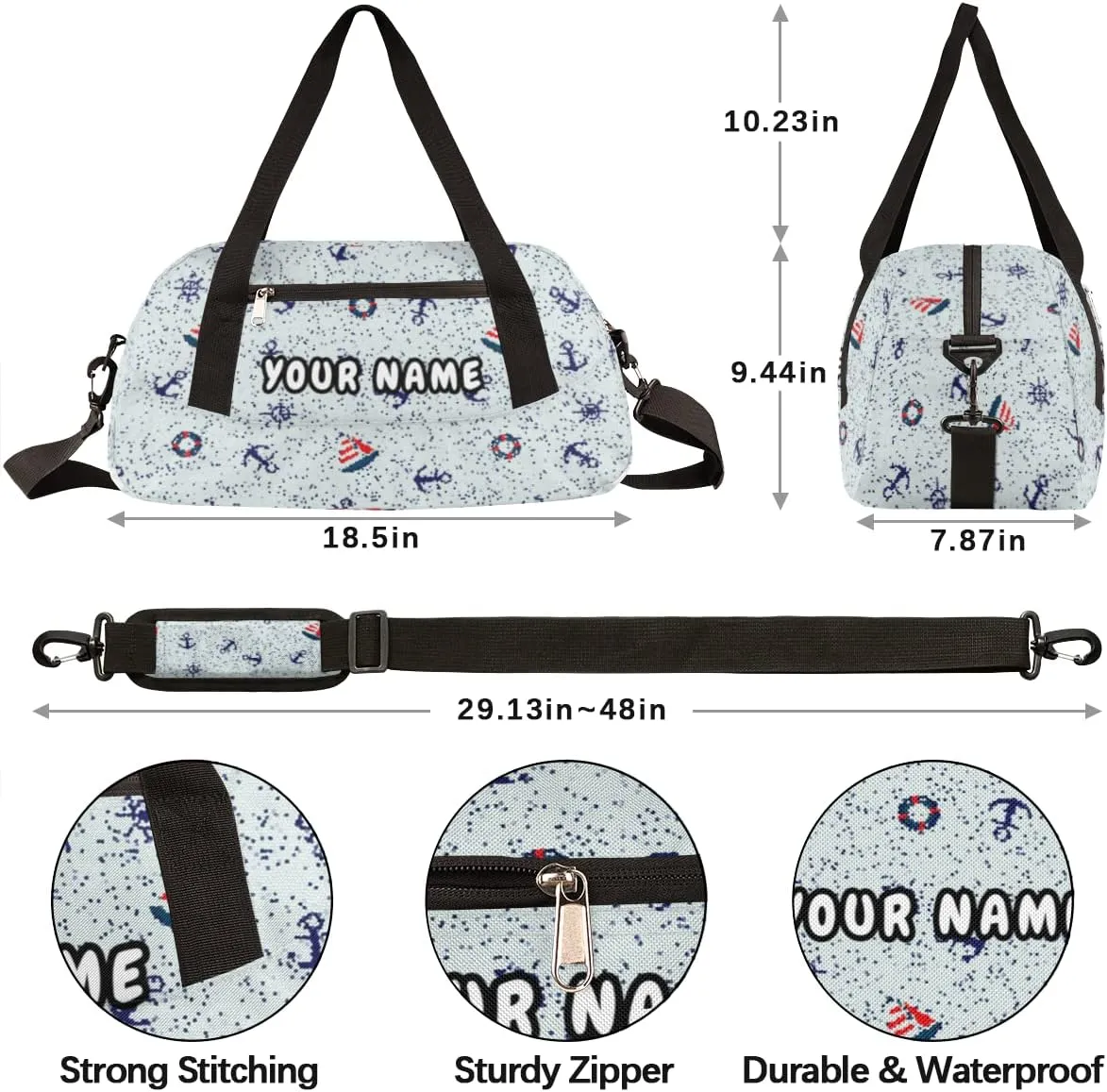 Sailboat Anchor Lifebuoy Cute Marine Personalized Kids Duffel Bag for Girls Boys, Marine Debris Custom Name Dance Bag Overnight Small Duffel Bag Carry On Weekend Sports Travel Bag for School Practice Gymnastics Ballet
