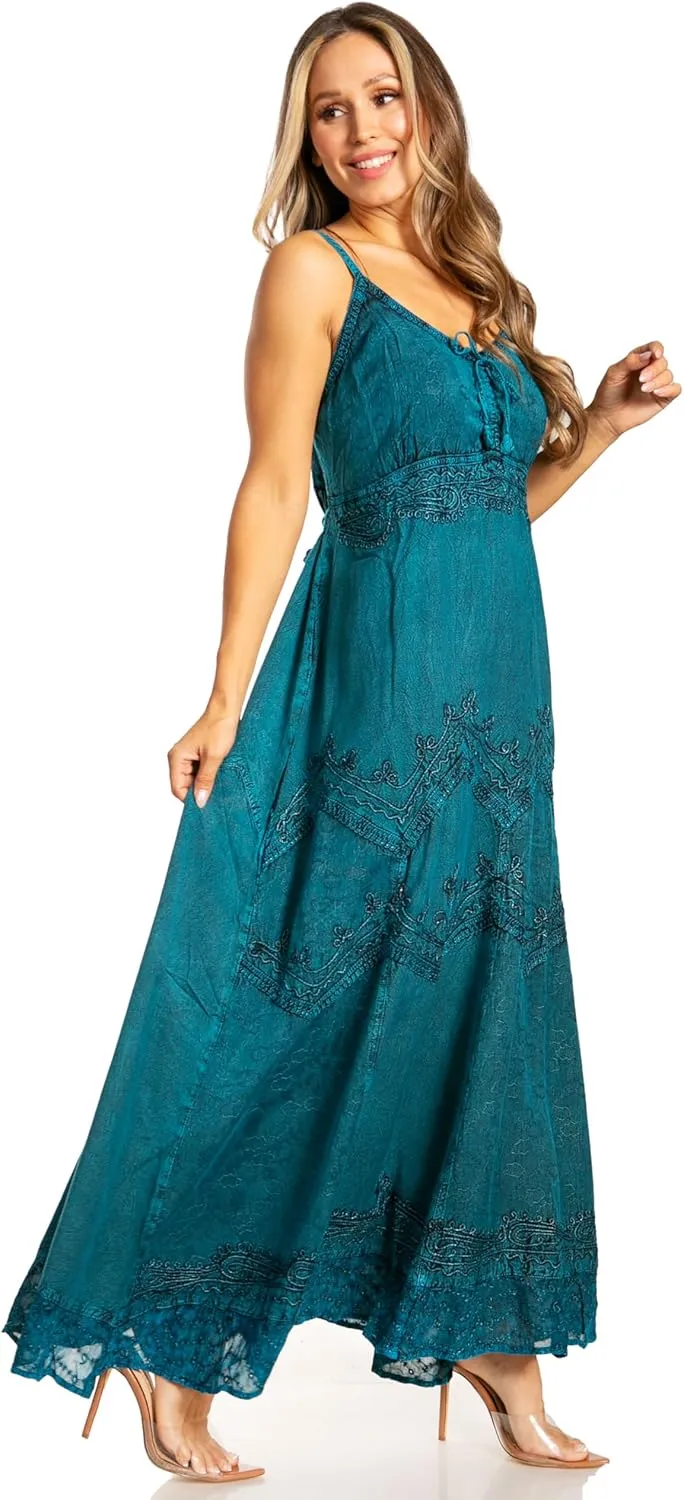 Sakkas Stonewashed Rayon Embroidered Adjustable Spaghetti Straps Long Dress
