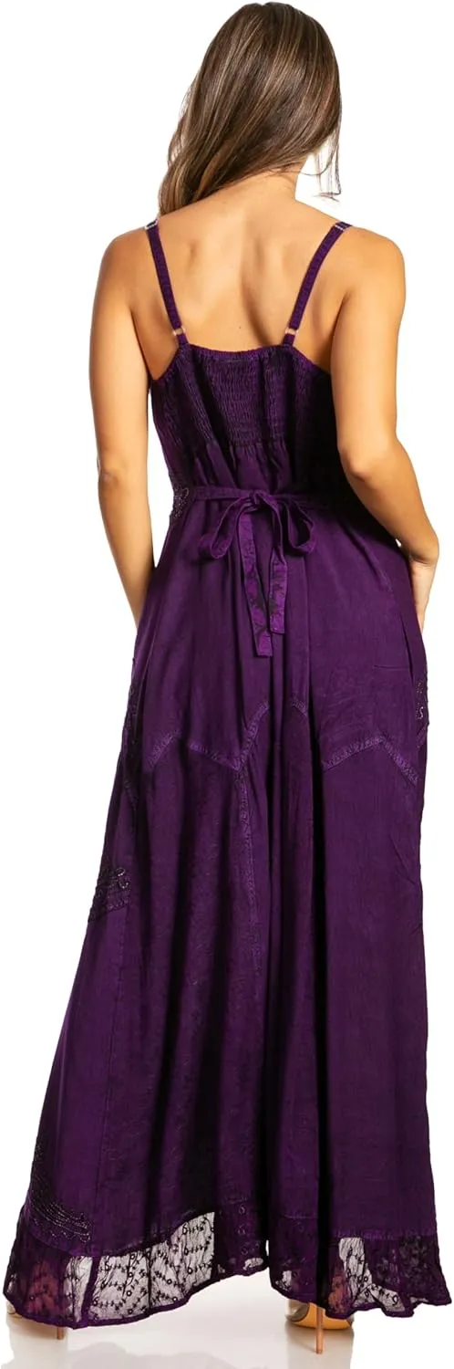 Sakkas Stonewashed Rayon Embroidered Adjustable Spaghetti Straps Long Dress