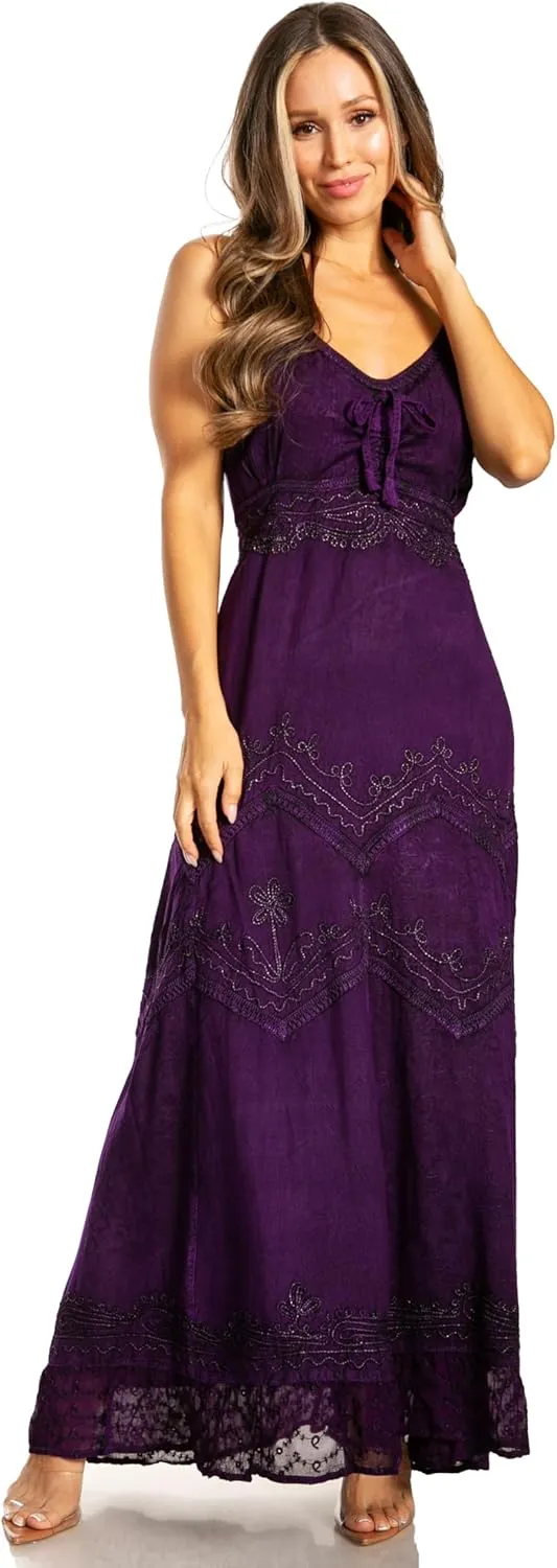 Sakkas Stonewashed Rayon Embroidered Adjustable Spaghetti Straps Long Dress