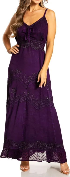 Sakkas Stonewashed Rayon Embroidered Adjustable Spaghetti Straps Long Dress