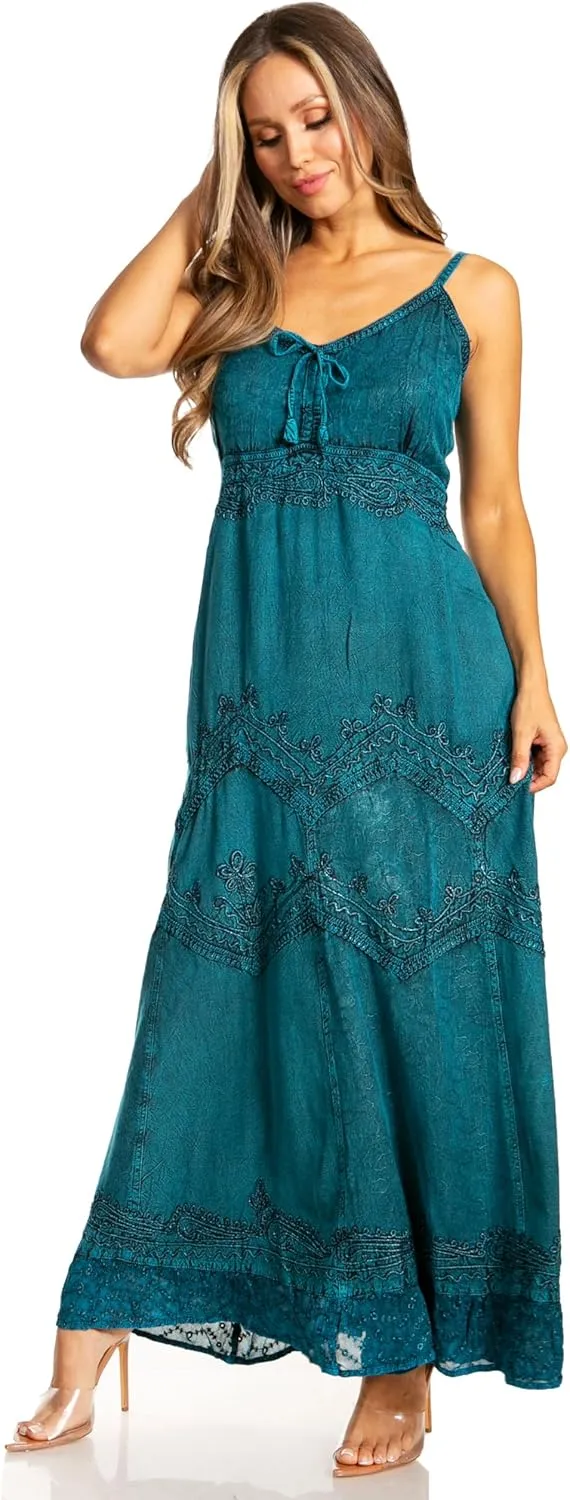 Sakkas Stonewashed Rayon Embroidered Adjustable Spaghetti Straps Long Dress