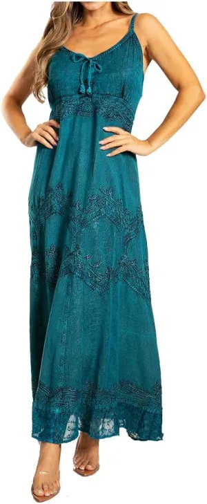 Sakkas Stonewashed Rayon Embroidered Adjustable Spaghetti Straps Long Dress