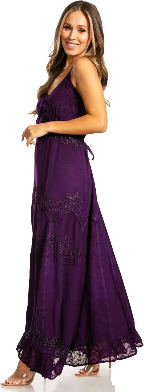 Sakkas Stonewashed Rayon Embroidered Adjustable Spaghetti Straps Long Dress