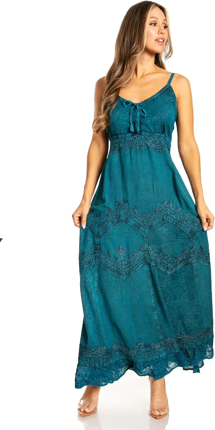 Sakkas Stonewashed Rayon Embroidered Adjustable Spaghetti Straps Long Dress