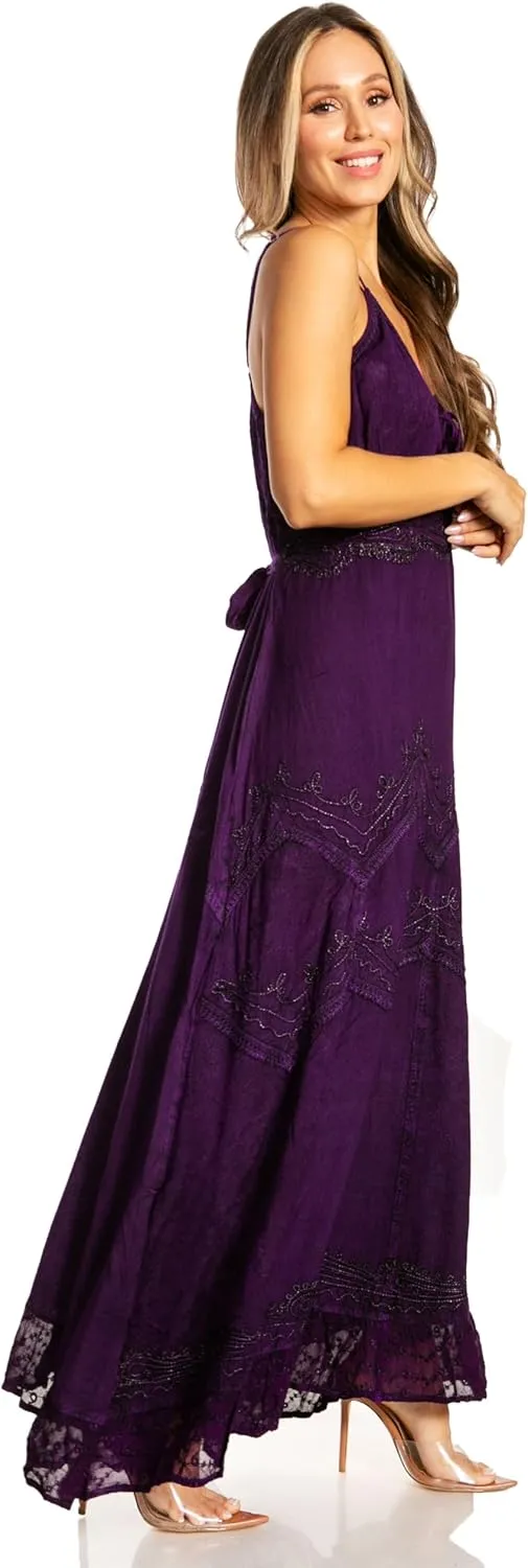 Sakkas Stonewashed Rayon Embroidered Adjustable Spaghetti Straps Long Dress