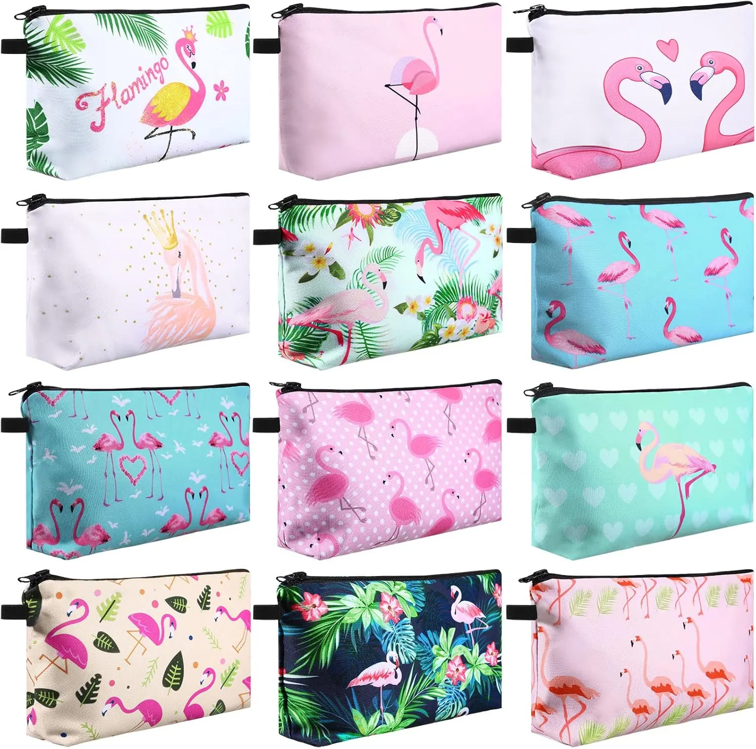 Sanwuta 12 Pieces Cosmetic Makeup Bags Printed Roomy Toiletry Waterproof Beauty Bag Organizer Pouches with Zipper Makeup Accessories for Women(Flamingo Style)