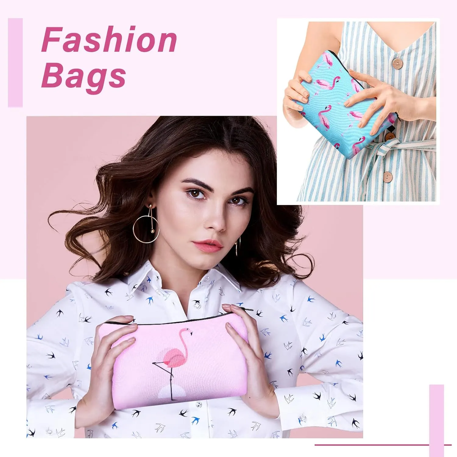 Sanwuta 12 Pieces Cosmetic Makeup Bags Printed Roomy Toiletry Waterproof Beauty Bag Organizer Pouches with Zipper Makeup Accessories for Women(Flamingo Style)