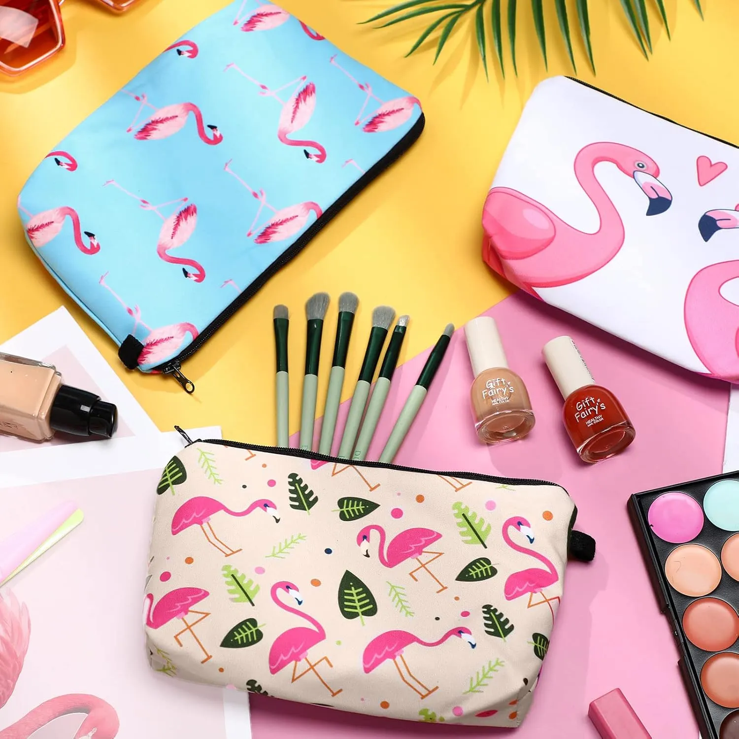 Sanwuta 12 Pieces Cosmetic Makeup Bags Printed Roomy Toiletry Waterproof Beauty Bag Organizer Pouches with Zipper Makeup Accessories for Women(Flamingo Style)