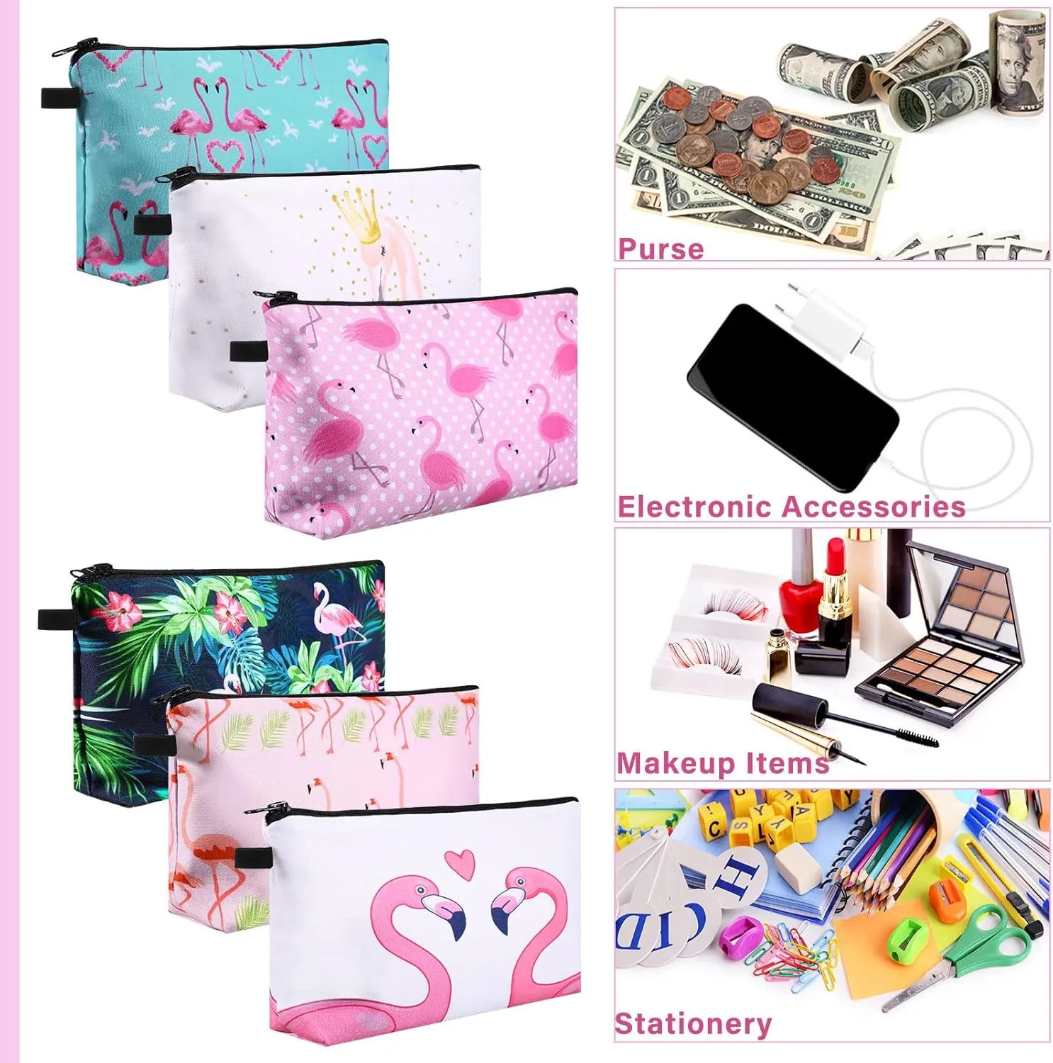 Sanwuta 12 Pieces Cosmetic Makeup Bags Printed Roomy Toiletry Waterproof Beauty Bag Organizer Pouches with Zipper Makeup Accessories for Women(Flamingo Style)