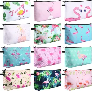 Sanwuta 12 Pieces Cosmetic Makeup Bags Printed Roomy Toiletry Waterproof Beauty Bag Organizer Pouches with Zipper Makeup Accessories for Women(Flamingo Style)