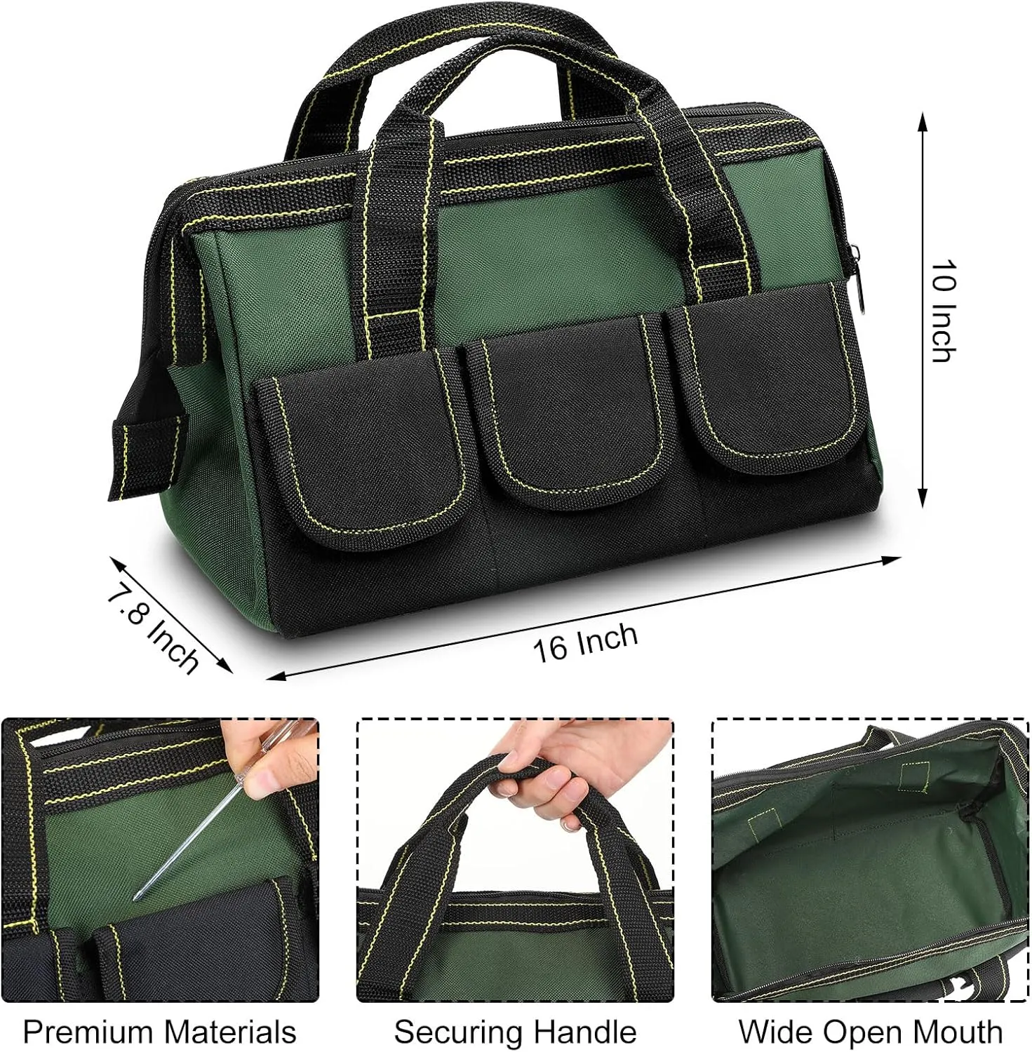 Sanwuta 3 Pack Tool Bag for Men with Waterproof Hard Bottom, Heavy Duty Tool Bag Wide Mouth Tote for Various Instrument, Electrician Carpenter Mechanic(16 Inch,Red, Army Green, Blue)