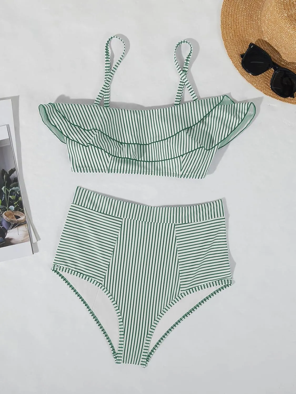 Saodimallsu Women High Waisted 2 Piece Bikini Set Bandeau Ruffle Swimsuit Top Striped Bathing Suits