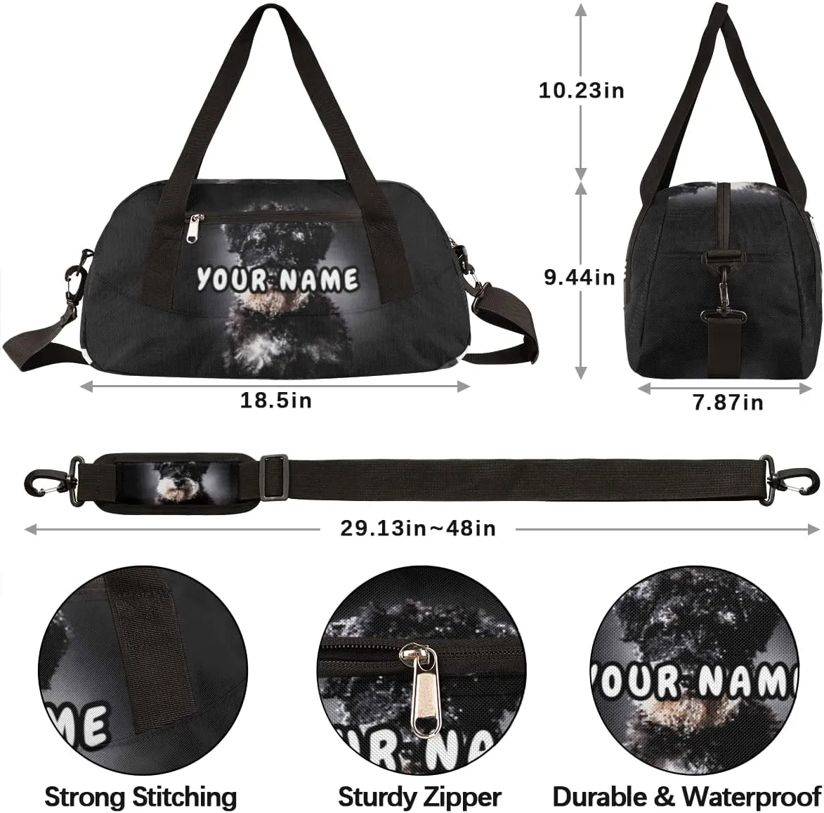 Schnauzer Dog Personalized Kids Duffel Bag for Girls Boys, Dog Debris Custom Name Dance Bag Overnight Small Duffel Bag Carry On Weekend Sports Travel Bag for School Practice Gymnastics Ballet