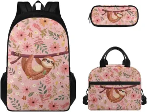 School Bags for Primary Students Sloth Backpack 3 in 1 Set for Girls Casual Daypack Pink Daisy Bookbag lunch Bag pencil Bag School Laptop Casual Backpack for Junior High School College