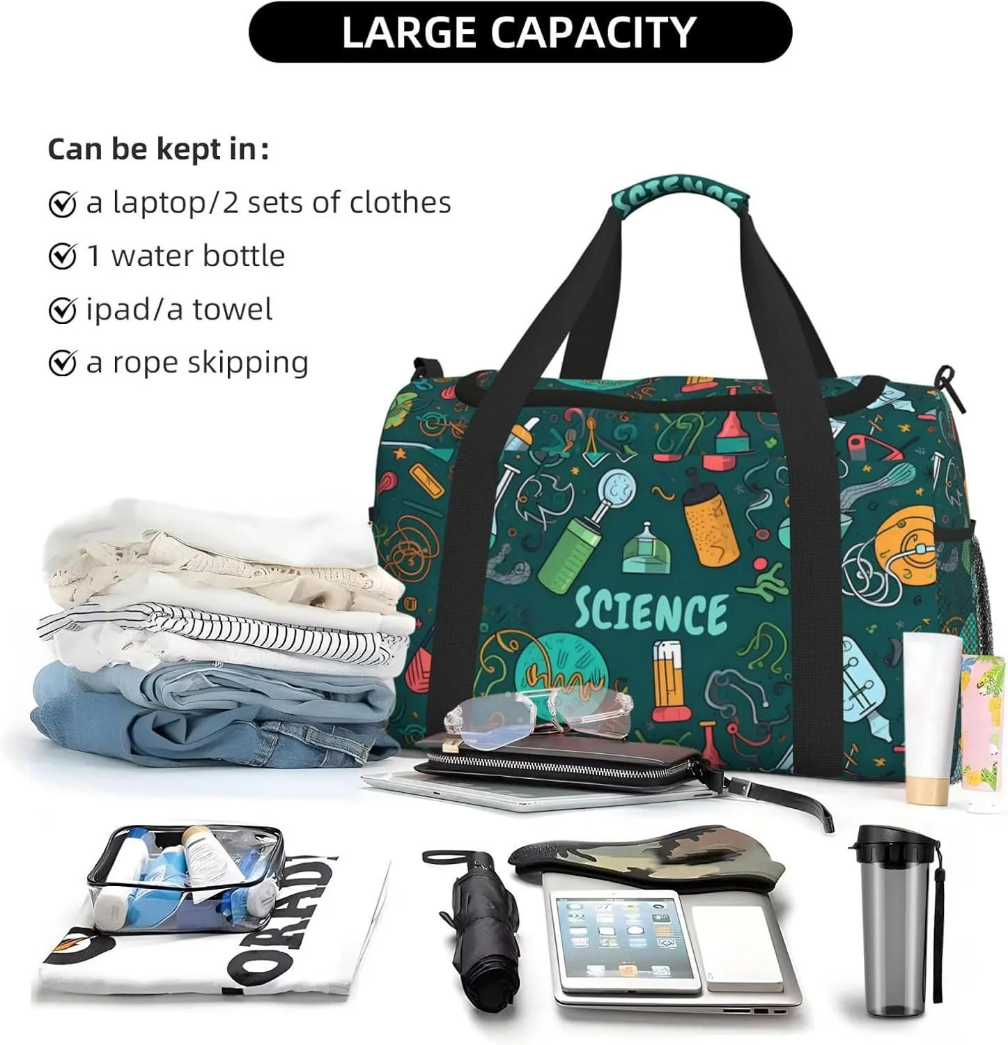 Science Math Big Capacity Sports Gym Bag Portable Travel Duffle Bag, Cartoon Lightweight Weekender Workout Bag for Overnight, Unisex