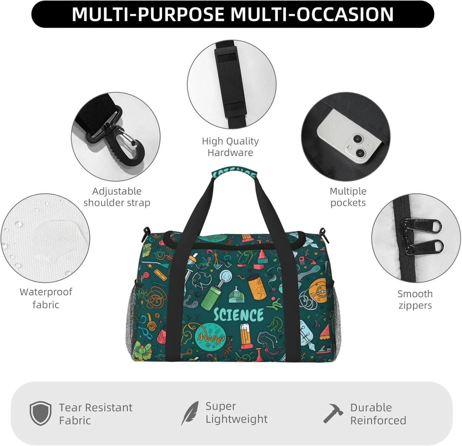 Science Math Big Capacity Sports Gym Bag Portable Travel Duffle Bag, Cartoon Lightweight Weekender Workout Bag for Overnight, Unisex