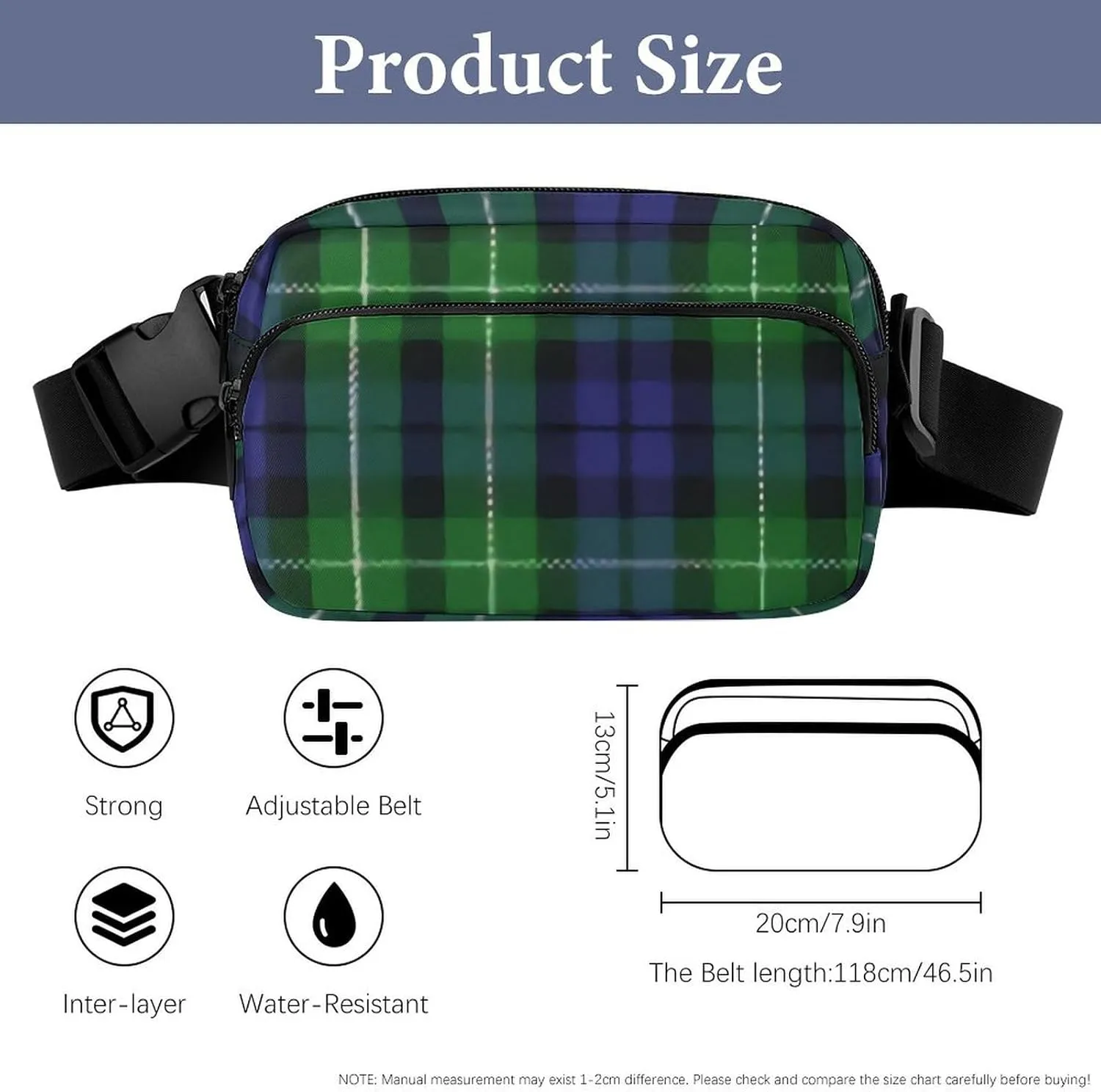 Scottish Clan Graham Tartan Plaid Full Printed Waist Bag, Large Capacity Portable Waist Bag