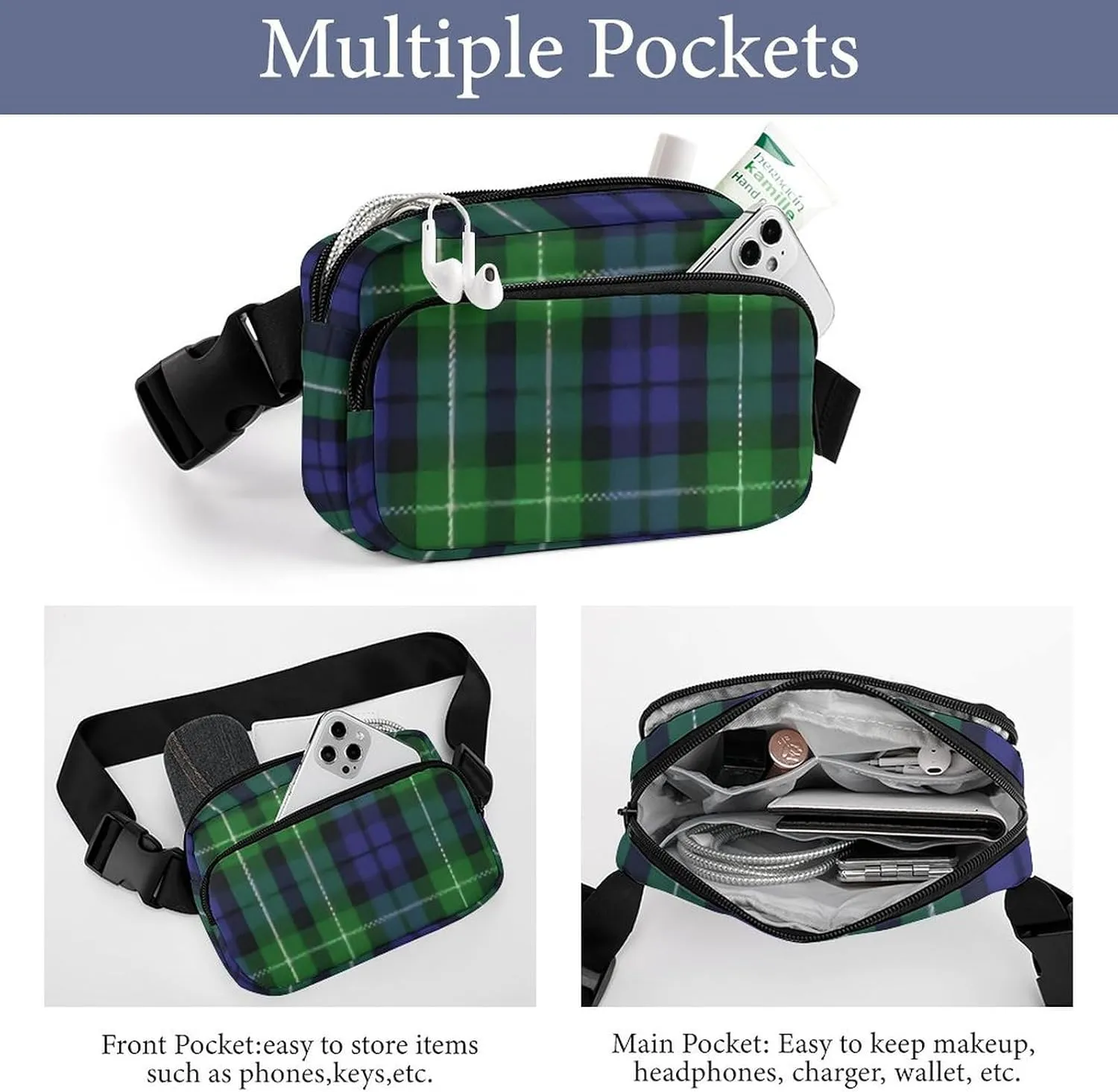 Scottish Clan Graham Tartan Plaid Full Printed Waist Bag, Large Capacity Portable Waist Bag