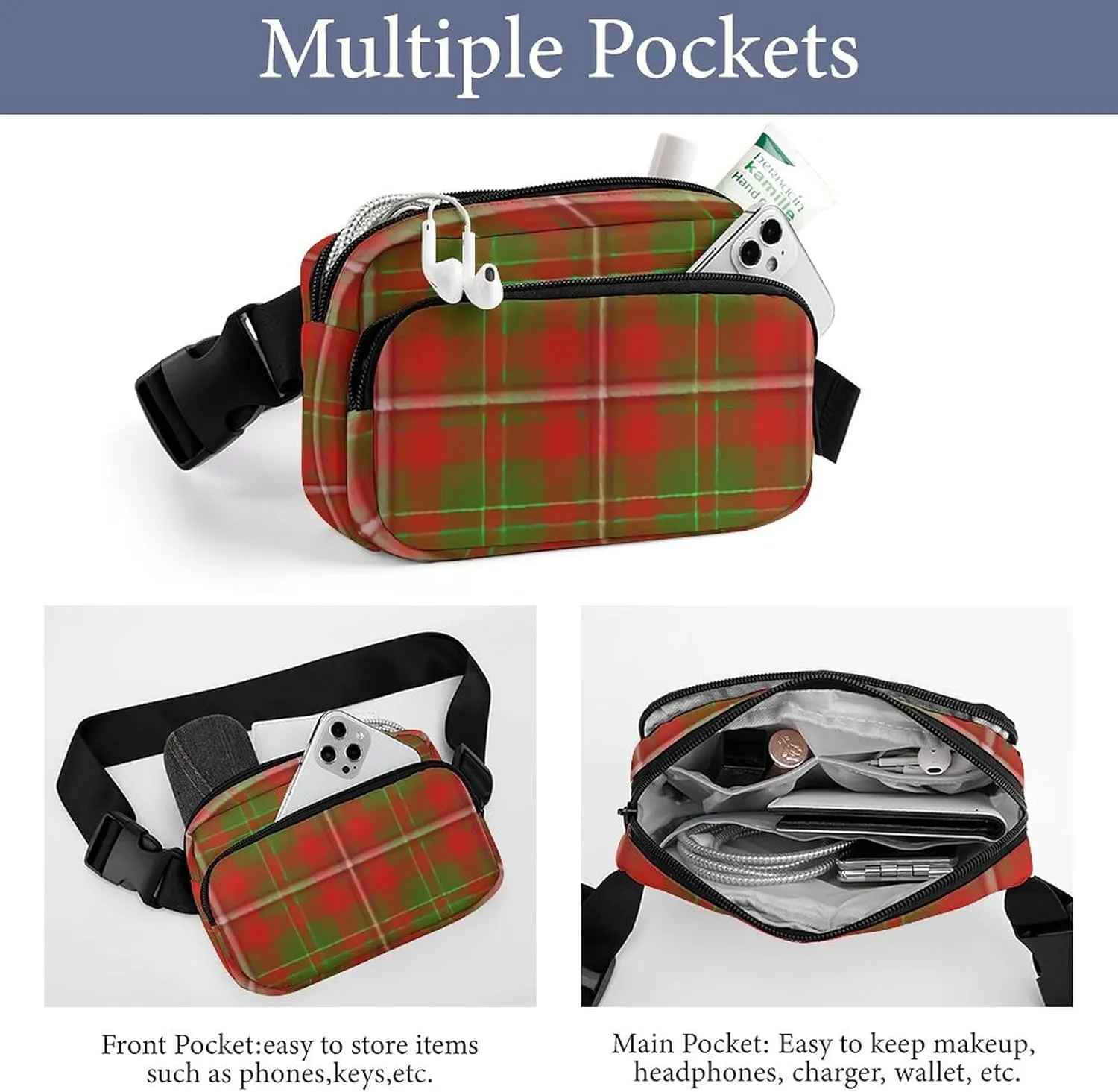 Scottish Clan Hay Tartan Plaid Full Printed Waist Bag, Large Capacity Portable Waist Bag