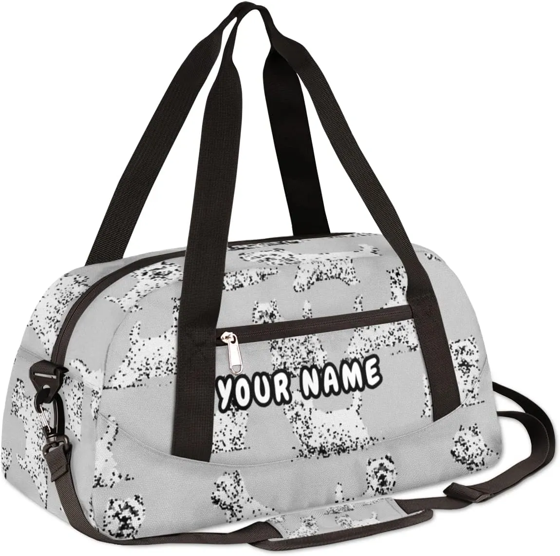 Scottish Terrier Dog Personalized Kids Duffel Bag for Girls Boys, Dog Debris Custom Name Dance Bag Overnight Small Duffel Bag Carry On Weekend Sports Travel Bag for School Practice Gymnastics Ballet