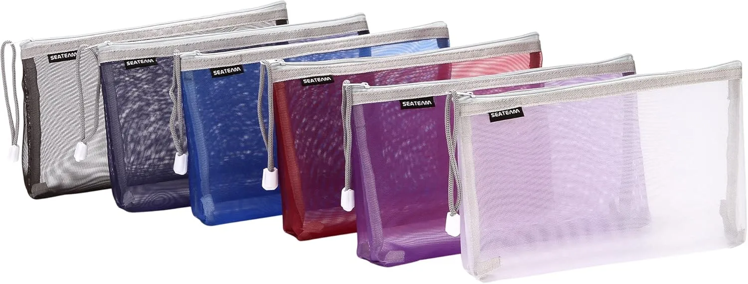 Sea Team 6pcs Multicolored Portable Travel Toiletry Pouch Nylon Mesh Cosmetic Makeup Organizer Bag with Zipper, 9.4 x 2 x 6.3 Inches, Colorful