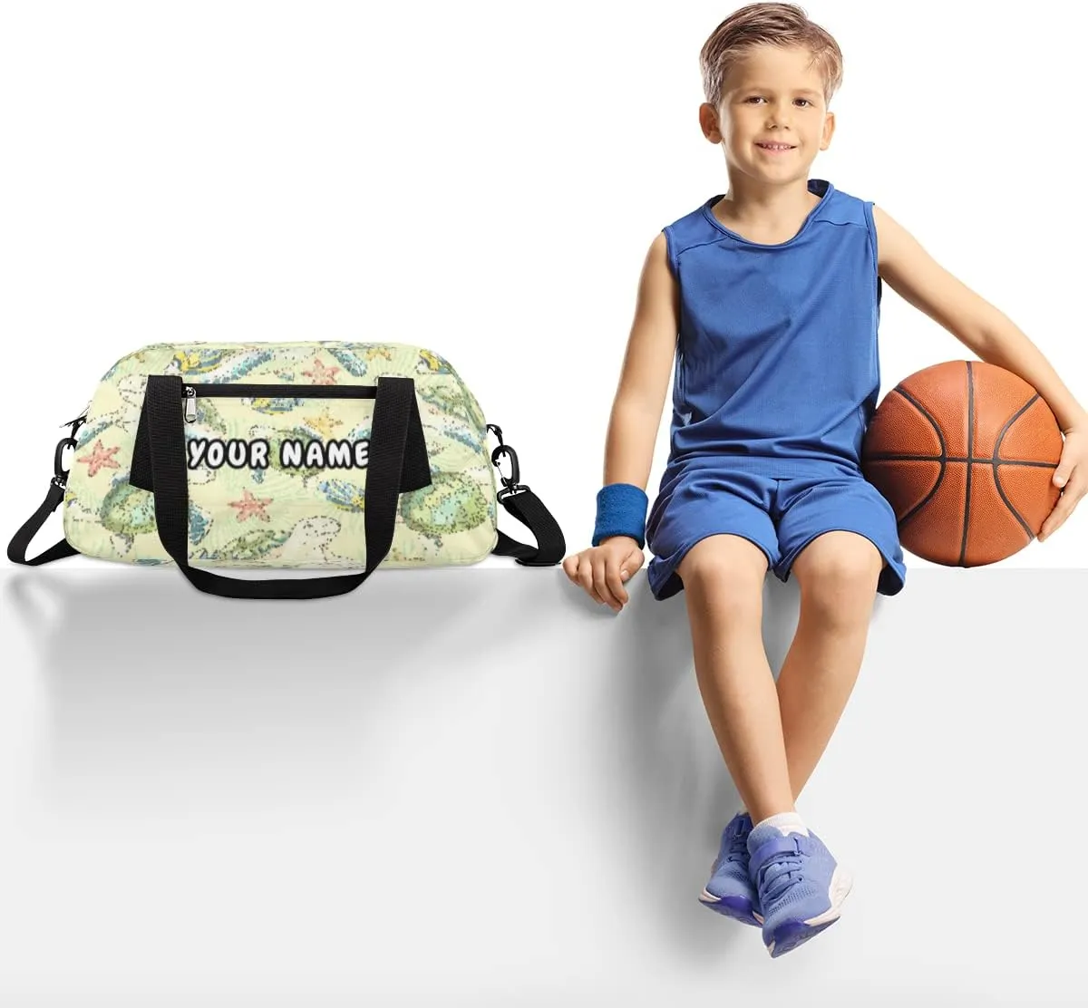 Sea Turtle Starfish Personalized Kids Duffel Bag for Girls Boys, Sea Turtle Debris Custom Name Dance Bag Overnight Small Duffel Bag Carry On Sports Travel Bag for School Practice Gymnastics Ballet