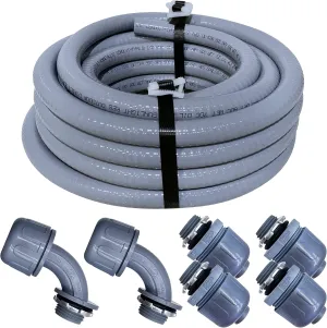 Sealproof 3/4-Inch Non-metallic Liquid-Tight Conduit and Connector Kit, 25 Foot Made in USA Flexible Electrical Conduit Type B with 4 Straight and 2 90-Degree Conduit Connector Fittings, 3/4" Dia