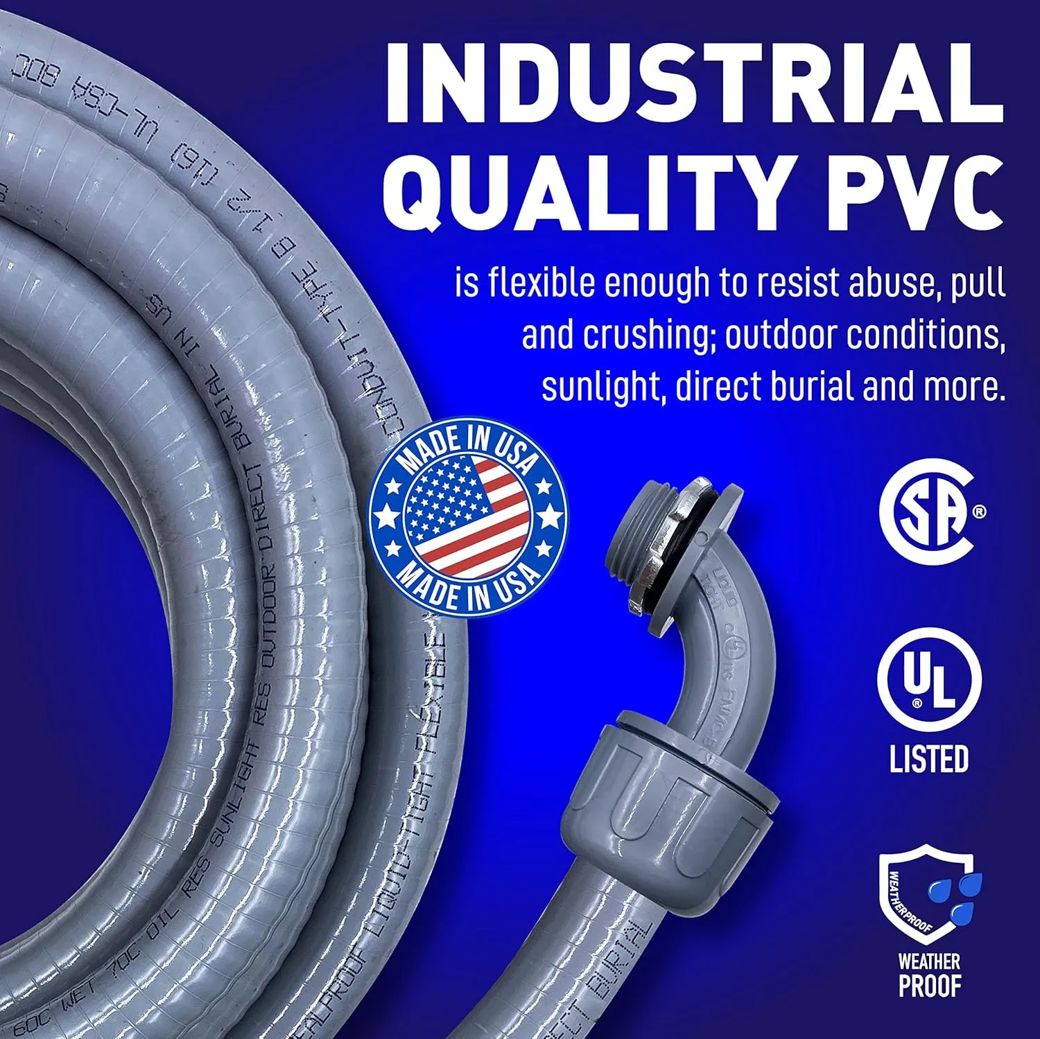 Sealproof 3/4-Inch Non-metallic Liquid-Tight Conduit and Connector Kit, 25 Foot Made in USA Flexible Electrical Conduit Type B with 4 Straight and 2 90-Degree Conduit Connector Fittings, 3/4" Dia