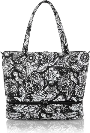 Searock Women's Quilted Weekender Bag with Shoes Compartment Cotton 2 Layer Overnight Travel Duffle Bag-Black White