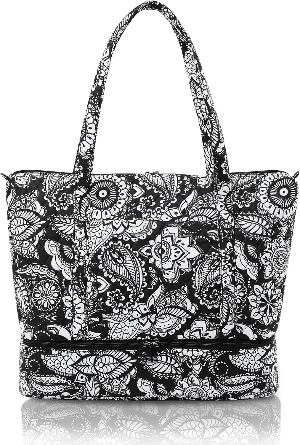 Searock Women's Quilted Weekender Bag with Shoes Compartment Cotton 2 Layer Overnight Travel Duffle Bag-Black White