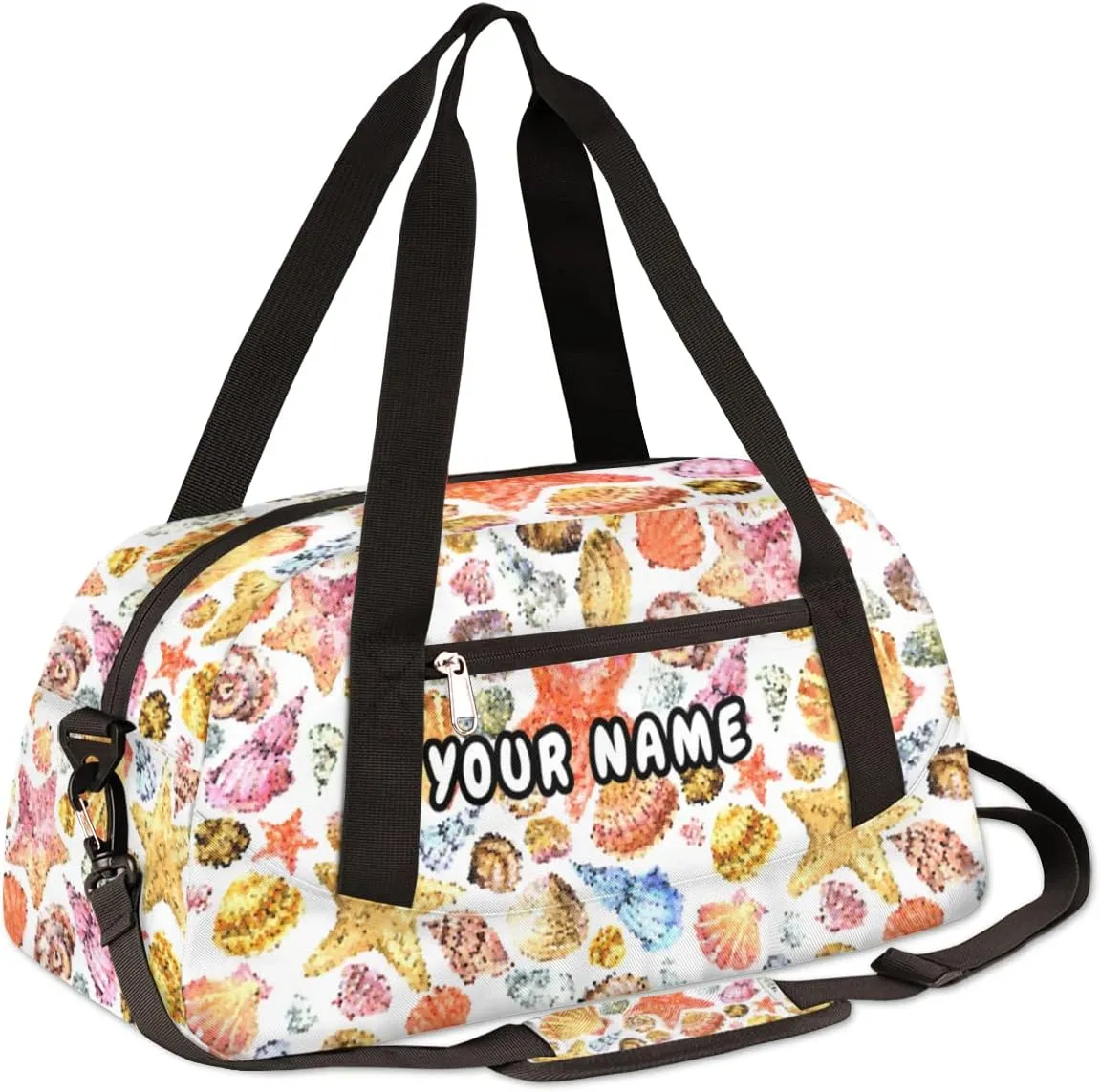 Seashell Starfish Personalized Kids Duffel Bag for Girls, Seashell Debris Custom Name Dance Bag Overnight Small Duffel Bag Carry On Weekend Sports Travel Bag for School Practice Gymnastics Ballet