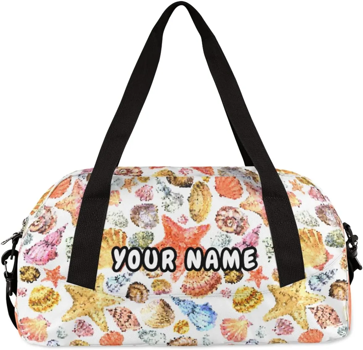Seashell Starfish Personalized Kids Duffel Bag for Girls, Seashell Debris Custom Name Dance Bag Overnight Small Duffel Bag Carry On Weekend Sports Travel Bag for School Practice Gymnastics Ballet